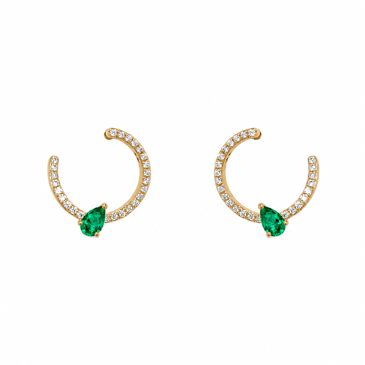 14K Solid Gold Diamond & Green Emerald Crescent Earrings | Anniversary Gift