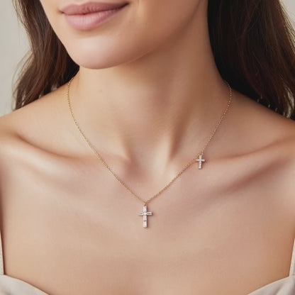 14K Gold Dual Cross Necklace, Baguette & Round Diamond Pendant