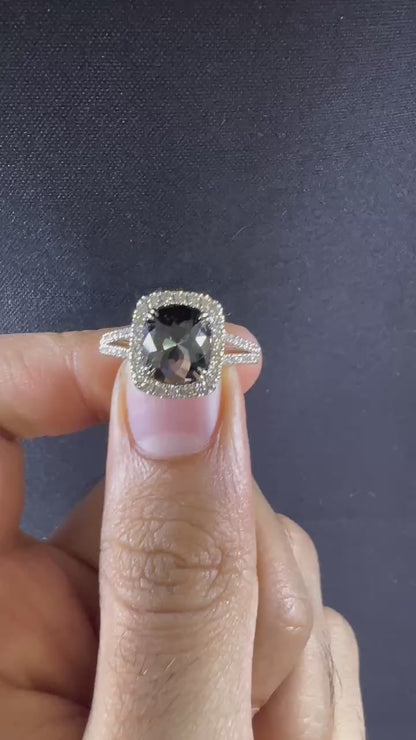Cushion Black Diamond Ring | 14K Gold Single Halo Engagement Ring